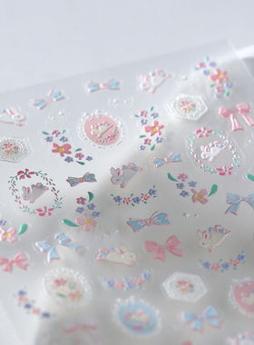 新款清新蝴蝶结小兔浮雕美甲贴纸立体花朵ins童趣笔杆水杯ccd装饰