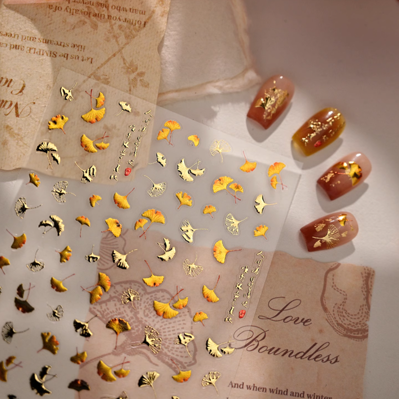 落叶高级感国风指甲银杏叶烫金立体美甲贴纸装饰秋日装饰贴花饰品