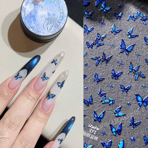 蓝闪手绘蝴蝶超美仙女ins指甲贴