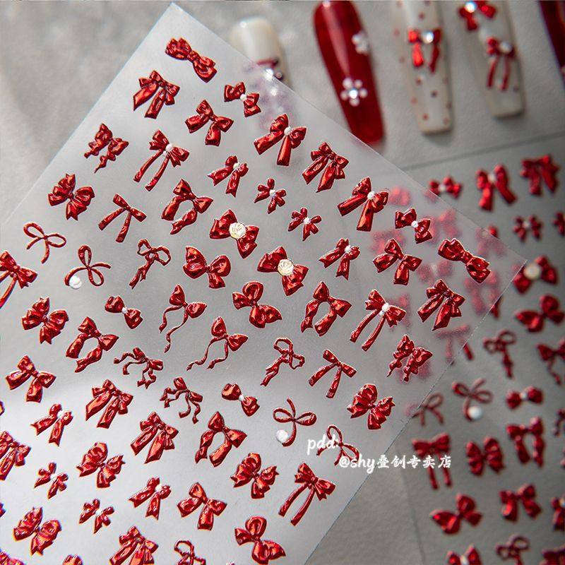 新年红色爆闪立体蝴蝶结美甲贴纸喜庆红飘带超仙指甲diy装饰贴花,彩妆/香水/美妆工具,指甲装饰,淘宝优惠券,粉丝福利购,淘宝优惠卷