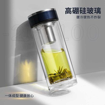 万象双层超大玻璃杯男女士加厚创意带盖家用便携水杯礼盒高档杯子