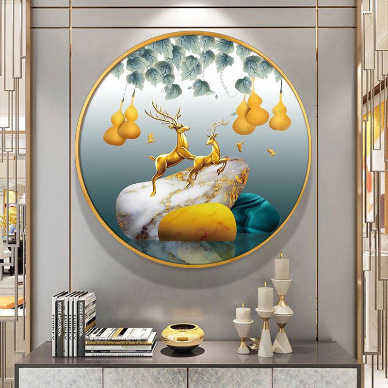 五福临门圆形玄关装饰画新中式入户进门葫芦山水壁画走廊晶瓷挂画