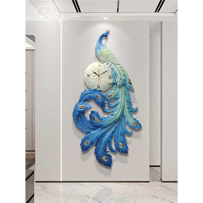 新中式浮雕孔雀挂钟画玄关装饰画轻奢立体2024年新款餐厅钟表挂画