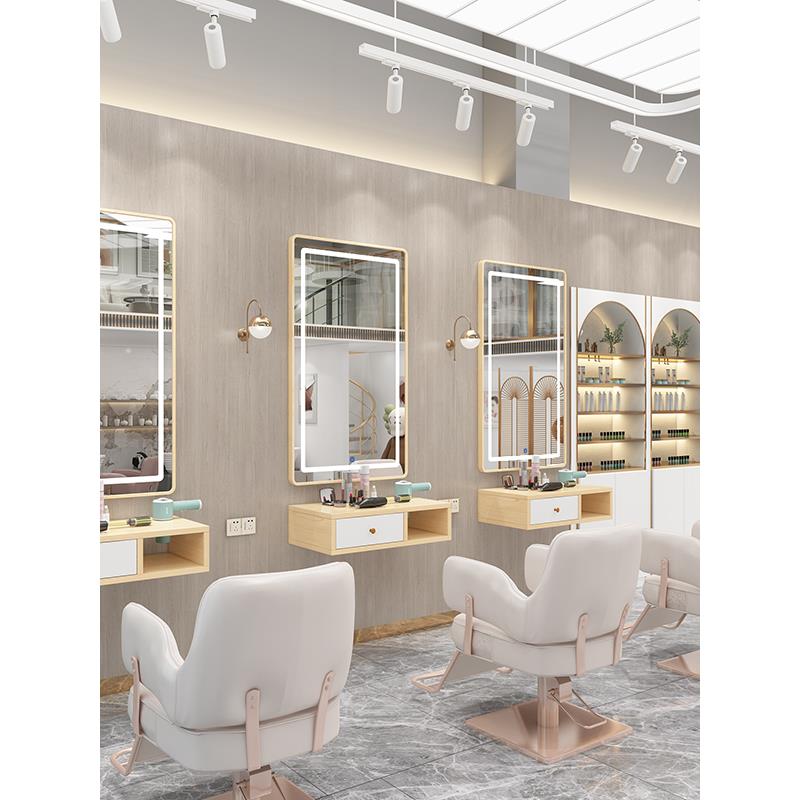 网红新款美发店镜子理发店专用柜子一体发廊专用挂墙烫染镜台剪发