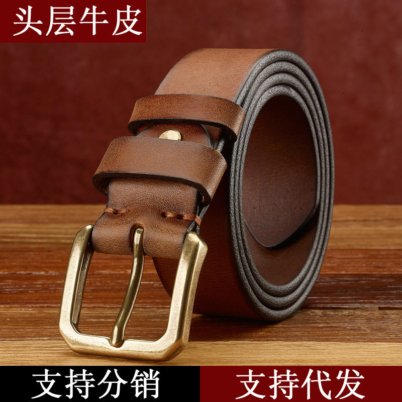 头层牛皮真皮男士皮带纯手工铜扣复古做旧腰带休闲百搭中青年皮带