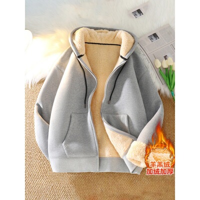 拉链外套男加绒加厚羊羔绒连帽卫衣男款冬季钜厚保暖休闲男士开衫