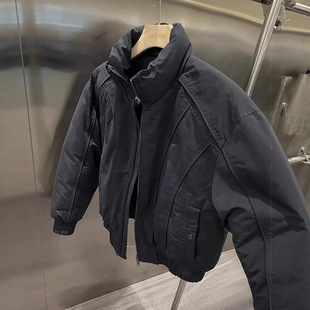 美式立领廓形短款棉服男款冬季设计感拼接飞行夹克bomber工装外套