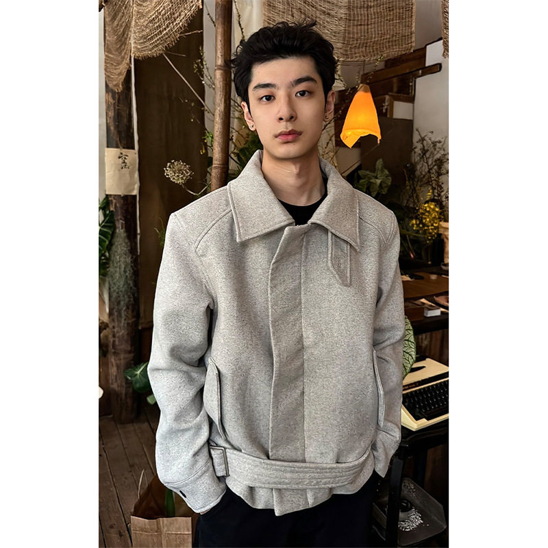 美式复古绑带毛呢夹克男冬季新款cleanfit高级感痞帅短款正肩外套