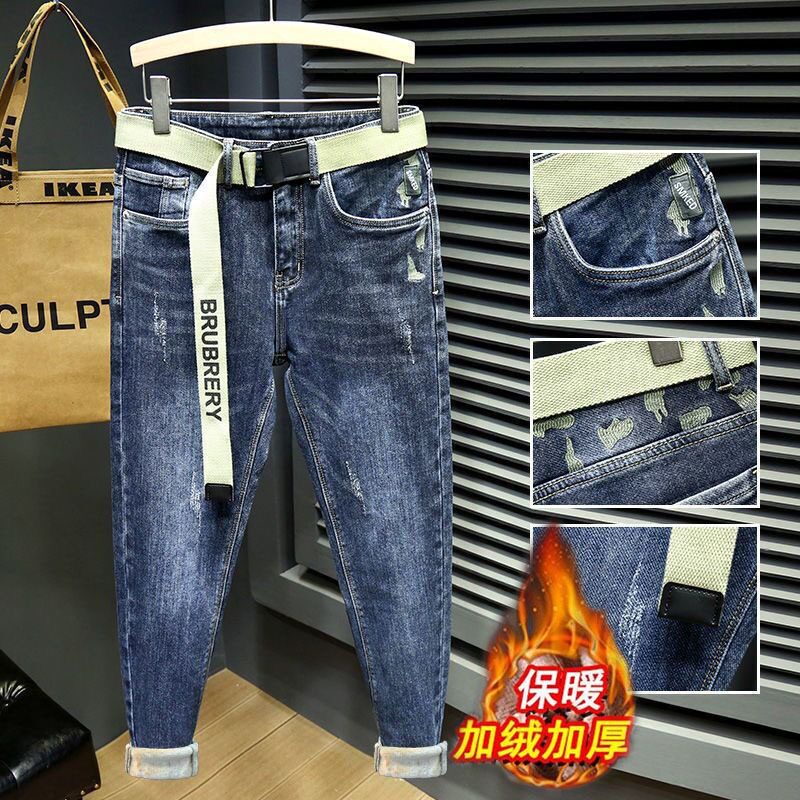 2024秋冬厚款加绒牛仔裤男修身小脚潮牌直筒休闲长裤复古水洗裤子