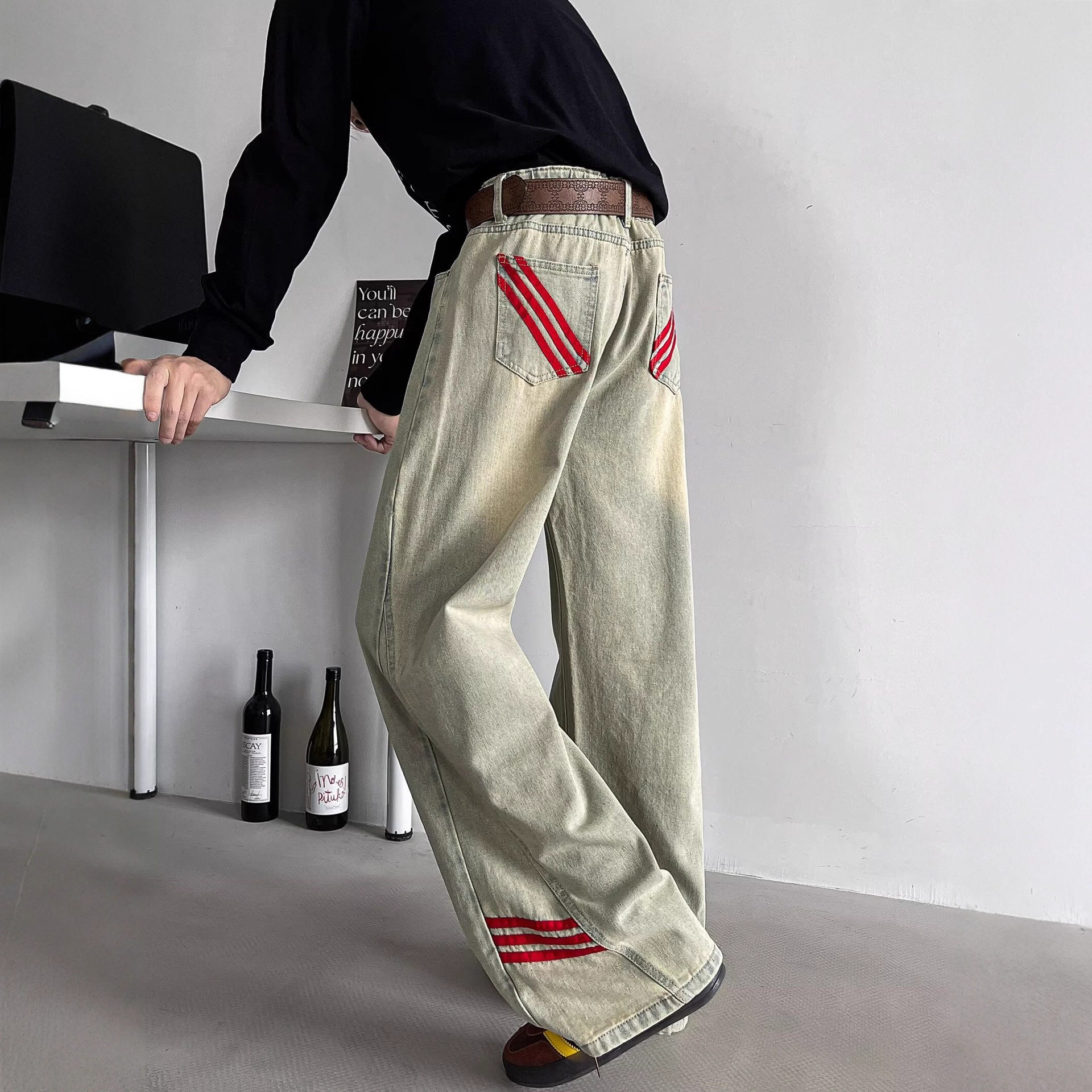 美式复古条纹拼接阔腿牛仔裤男款春秋潮牌宽松水洗直筒阔腿长裤子