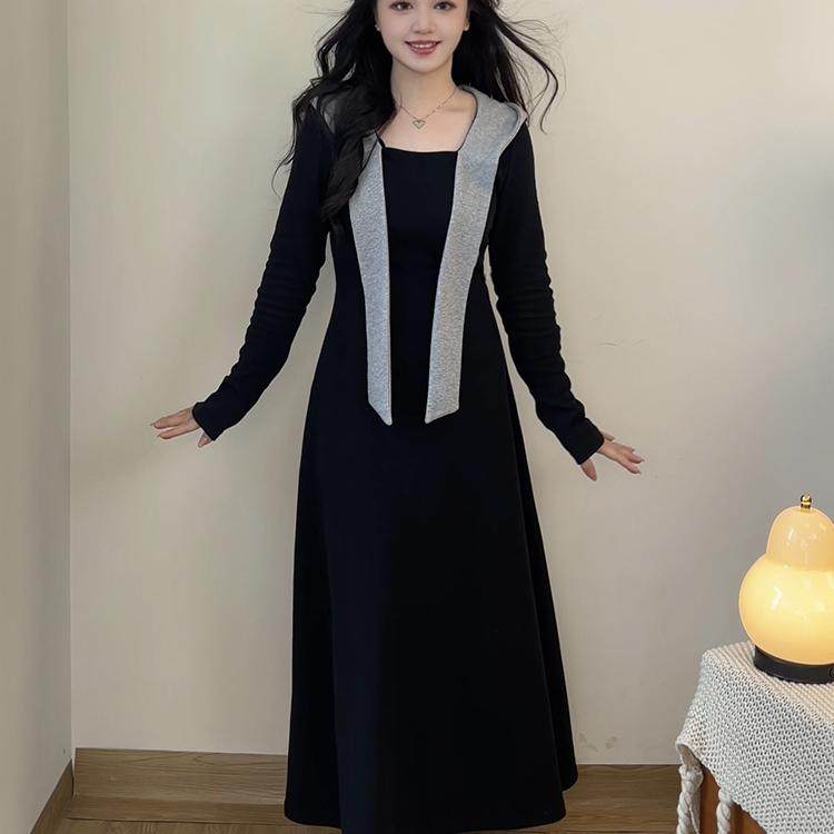 2026春季新款微胖女生遮胯显瘦正肩假两件大领口收腰卫衣裙