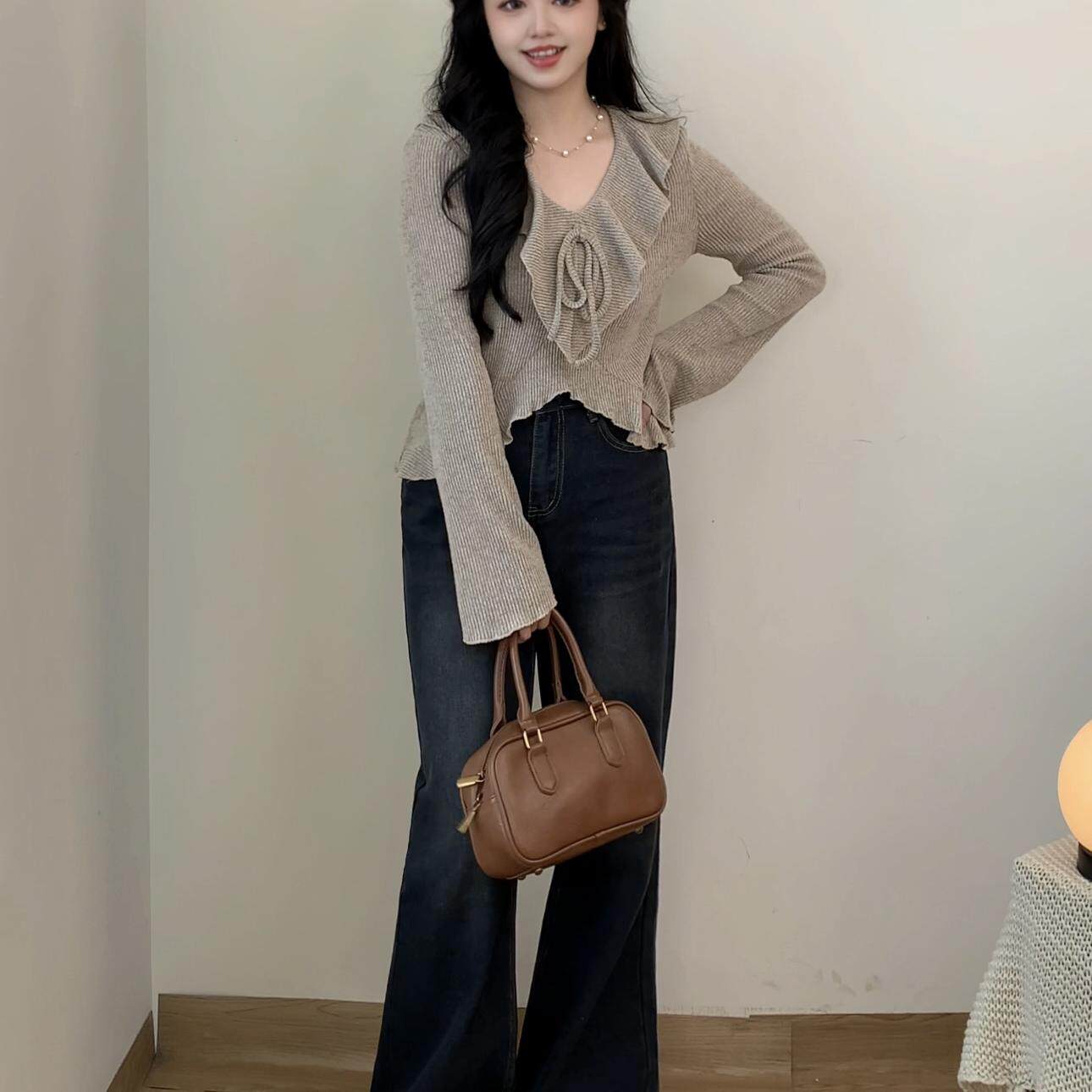 2024秋季新款系带法式小衫胖mm显瘦宽松长袖上衣微喇牛仔裤套装女