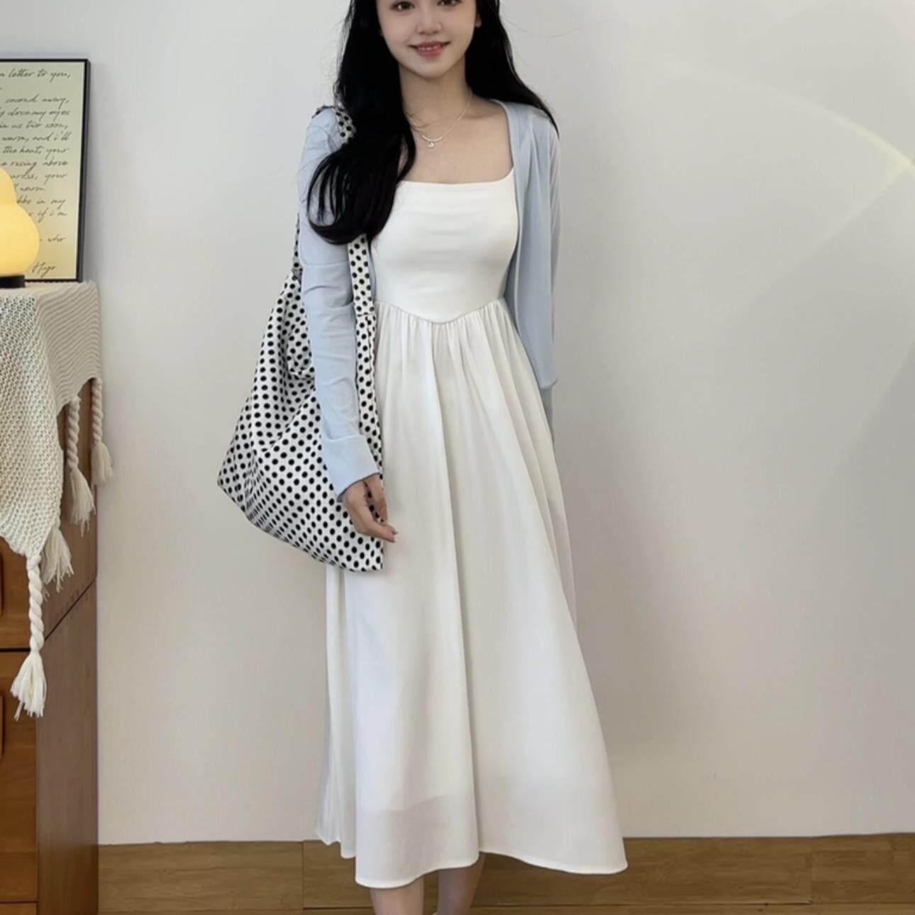 白开水温柔风背心吊带胸垫上衣女春夏季新款显瘦纯色半身裙两件套
