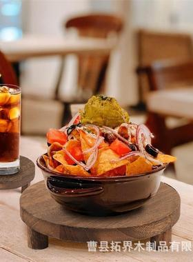 乡村木质棕色咖啡杯底座支架黑胡桃木盛菜托盘圆形花盆多肉底托