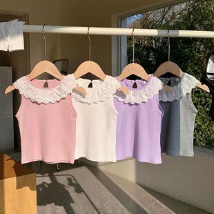 女童夏装 上衣百搭潮 蕾丝背心T恤儿童宝宝荷叶边甜美薄款 花边无袖