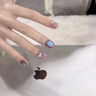 美甲高端设计师 手工穿戴甲爆闪宝石猫眼可爱短款 蓝海