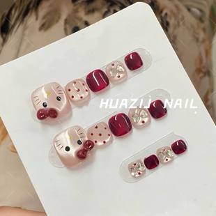 脚甲穿戴甲纯手工2025爆款 新款 温柔显白高级感14片装 红色KT猫