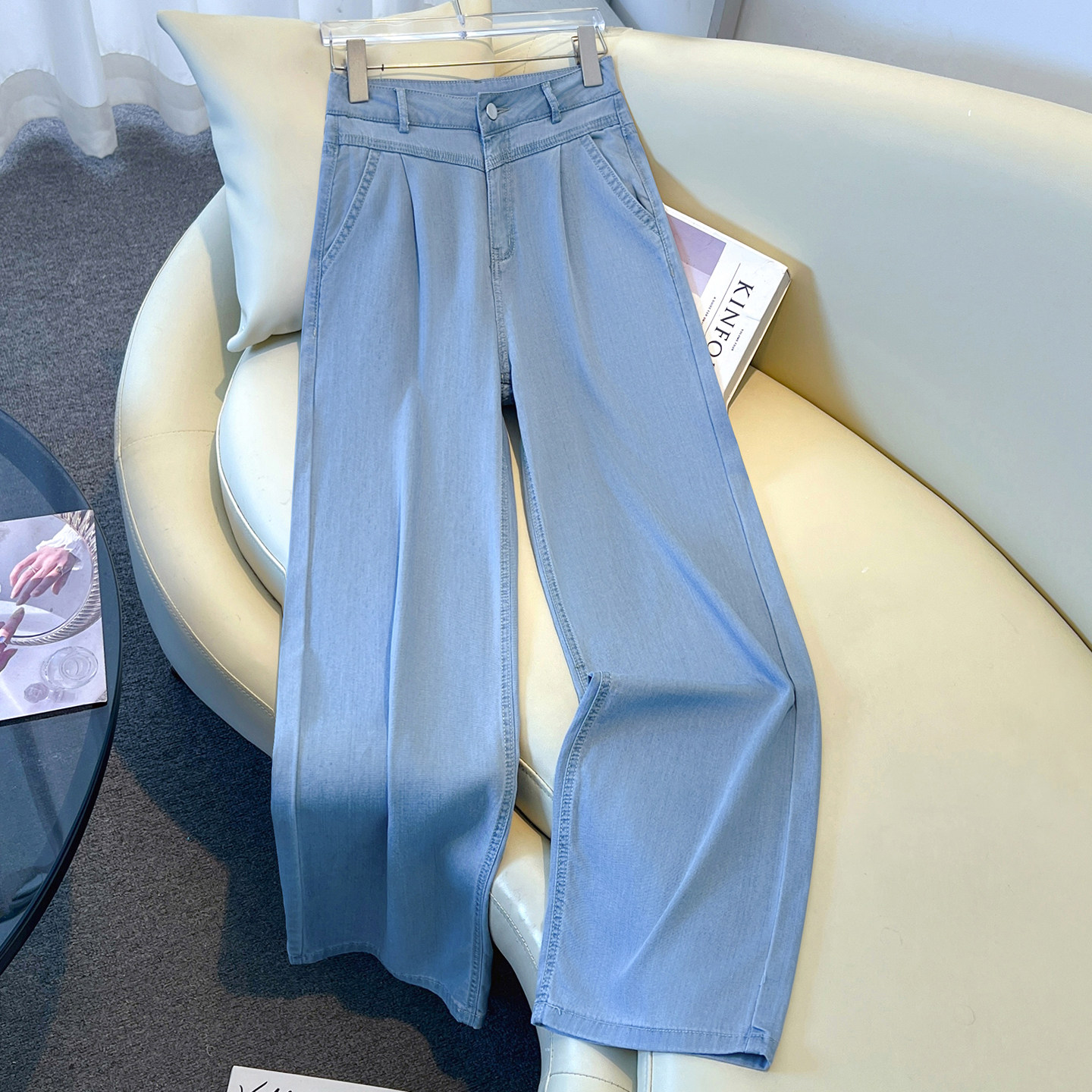 浅蓝色天丝牛仔阔腿裤女夏季薄款2026新款高腰显瘦宽松九分直筒裤