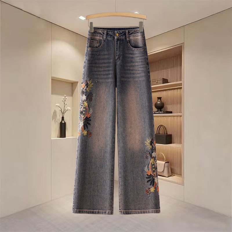 复古磨白花朵刺绣阔腿牛仔裤女2026新款春秋高腰宽松设计感直筒裤