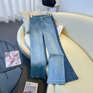 设计感九分满天星烫钻微喇牛仔裤女2026春秋新款高腰显瘦喇叭裤子