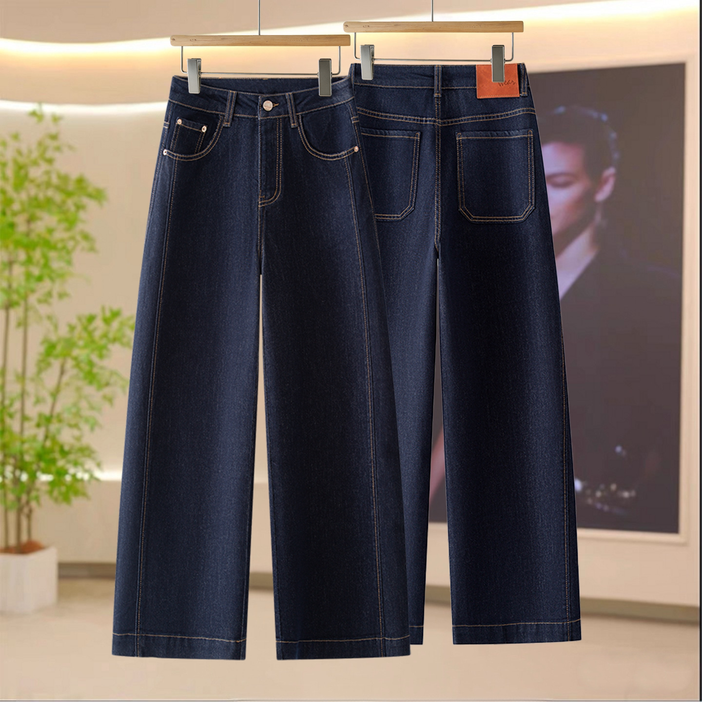 深蓝色百搭经典款阔腿牛仔裤女春秋2026新款高腰遮胯垂顺显瘦神裤