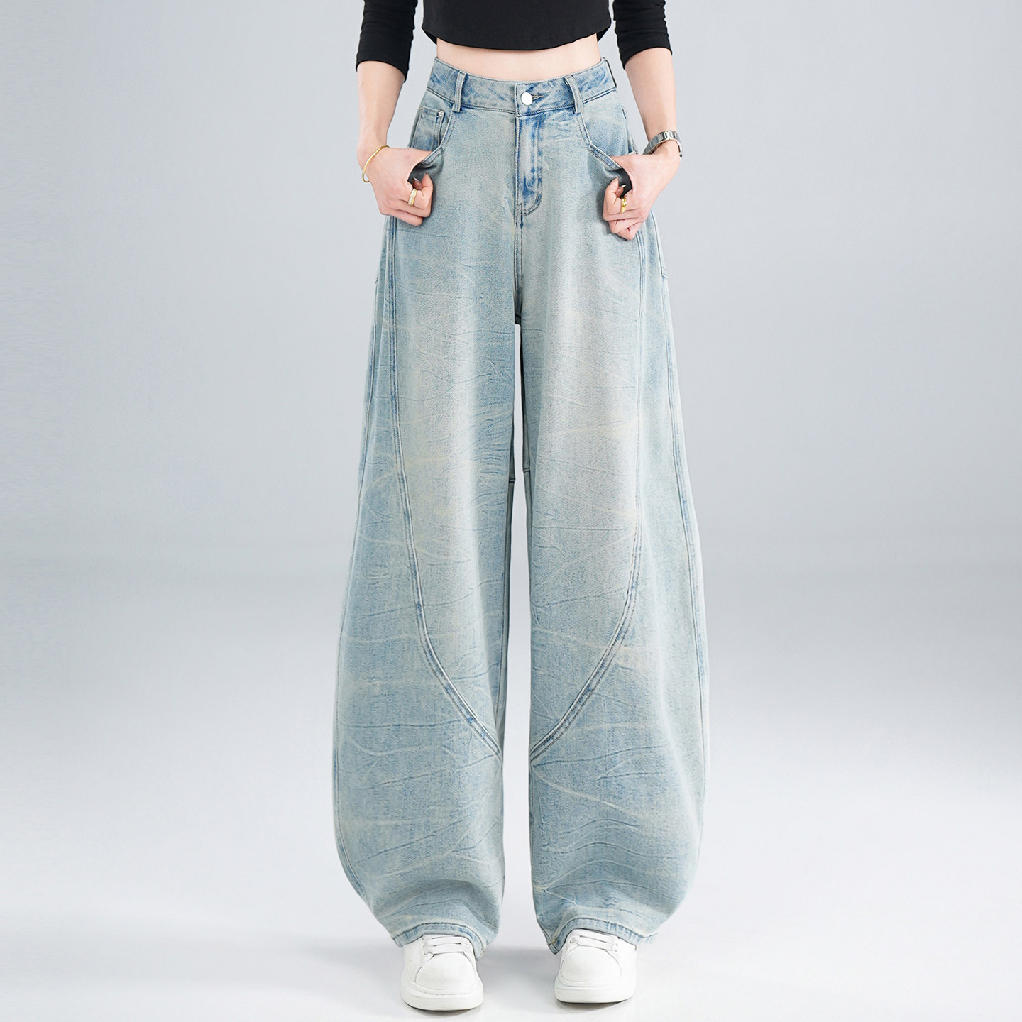 美式重工扎染弯刀牛仔裤女春款2026新款高腰显瘦垂感阔腿堆堆裤子