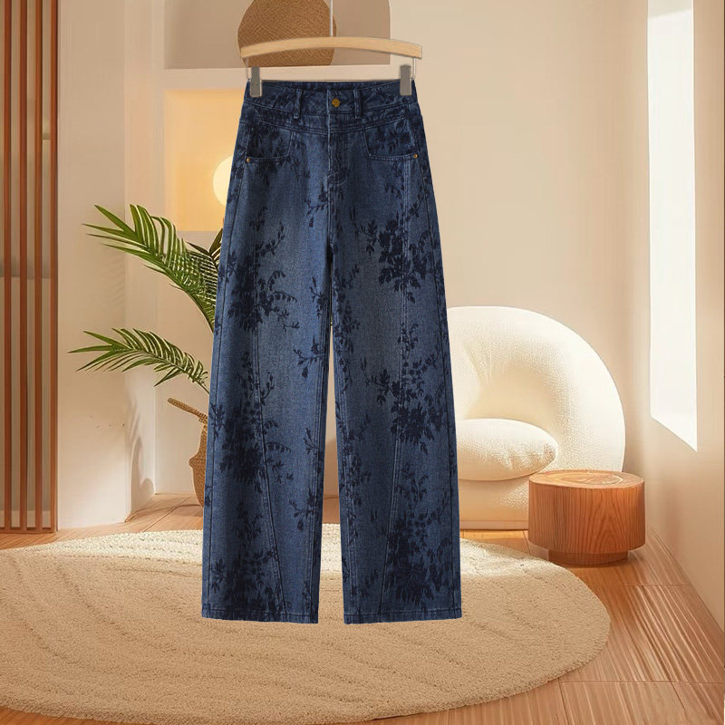 新中式国风提花阔腿牛仔裤女2026春秋新款高腰宽松显瘦垂感弯刀裤