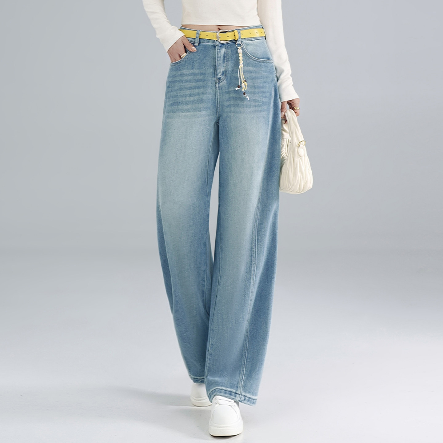 时尚慵懒感阔腿牛仔裤女2026春季新款高腰设计感百搭浅蓝色拖地裤