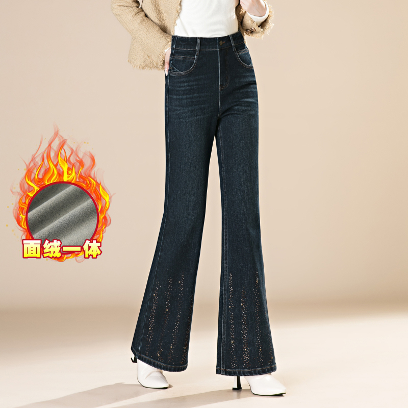 烫钻加绒加厚微喇牛仔裤女