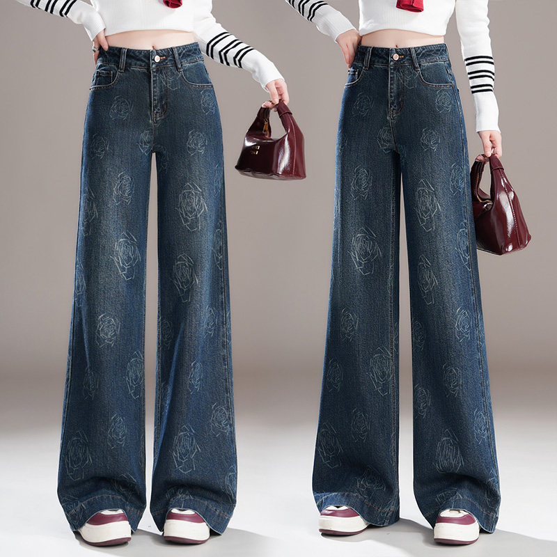 设计感提花简喇牛仔裤女秋季2025新款高腰显瘦宽松垂感百搭大脚裤,女装/女士精品,大码裤装,淘宝优惠券,粉丝福利购,淘宝优惠卷