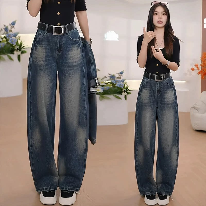 美式复古做旧弯刀牛仔裤女秋季2026新款高腰显瘦垂感慵懒风阔腿裤
