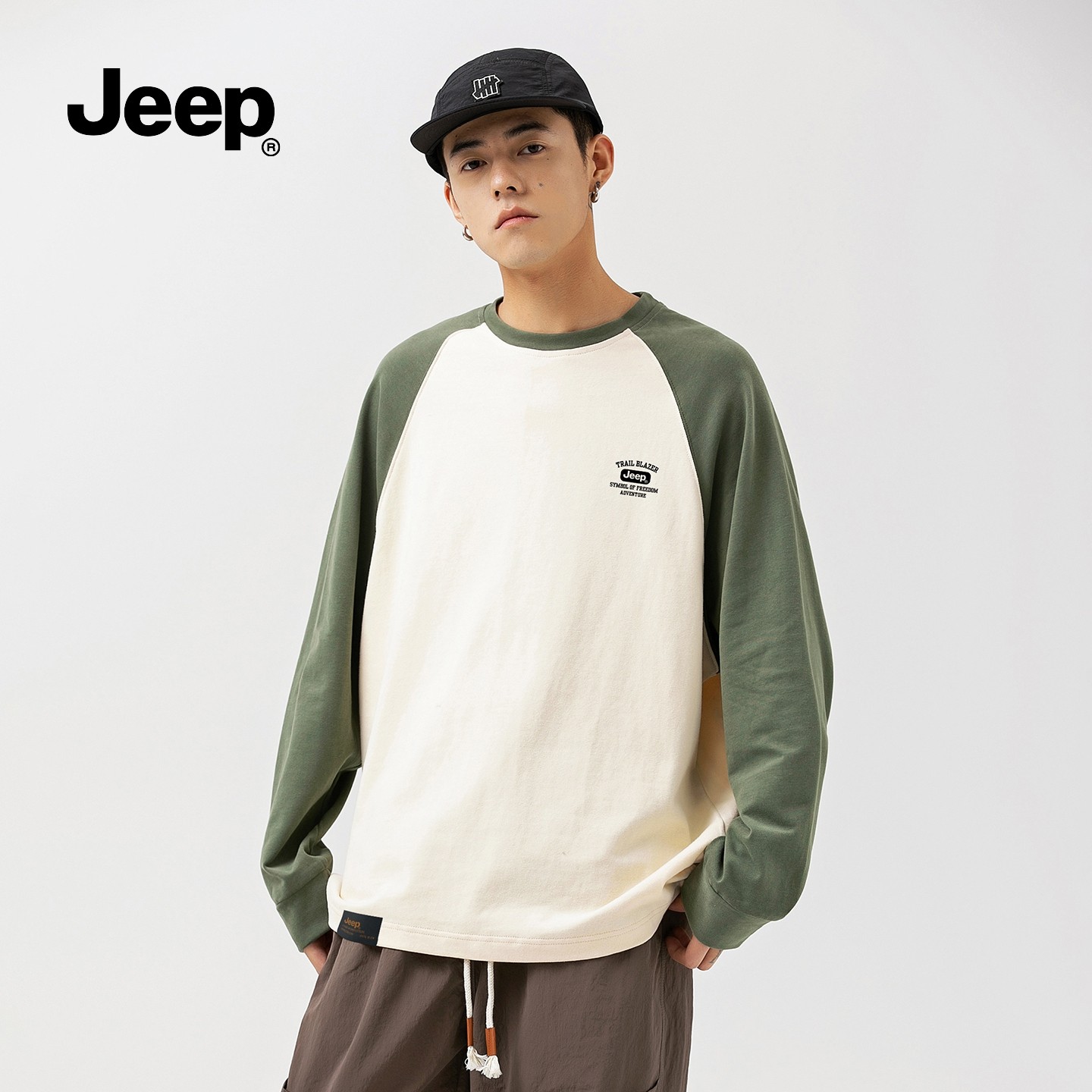 JEEP吉普美式复古拼接撞色长袖T恤男生春夏2026新款情侣运动上衣,男装,T恤,淘宝优惠券,粉丝福利购,淘宝优惠卷