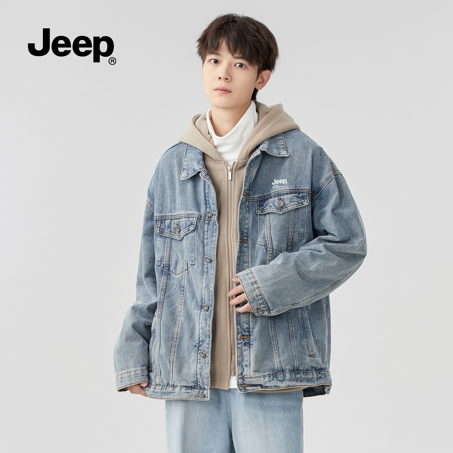 Jeep吉普复古水洗牛仔连帽外套男秋冬2025美式加绒保暖两件套