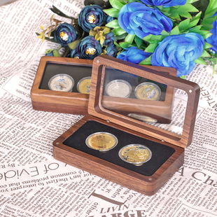 实木倒圆角双币黑胡桃收藏木盒纪念币徽章PIN袁大头古钱币木礼盒