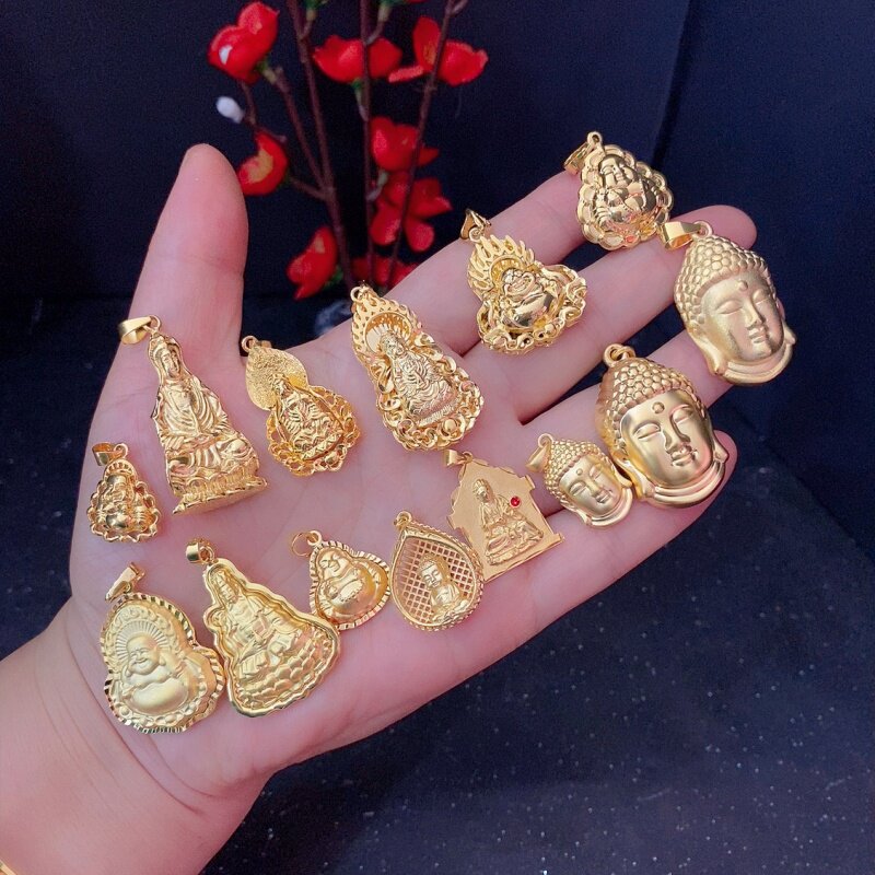 沙金款观音佛头仿真金饰品弥勒佛男女黄铜镀金吊坠项坠黑绳项链