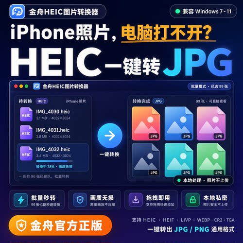 金舟HEIC图片转换器会员苹果手机批量无损JPG电脑高清格式软件