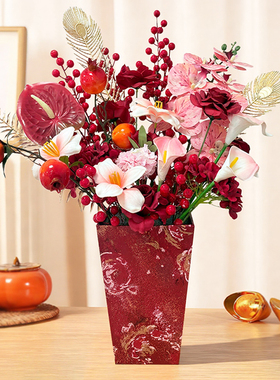 玄关寓意好的摆件仿真花福桶结婚装饰客厅摆设假花新年抱抱桶摆件