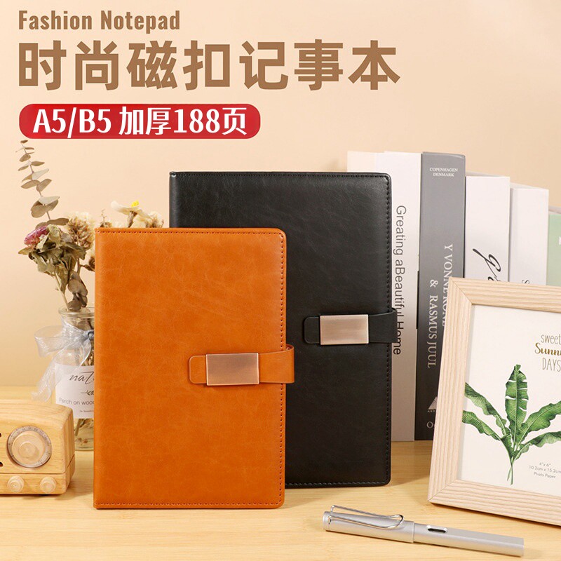 带按扣加厚笔记本子a5记事本25K皮面本b5商务办公带扣16K索引本可插笔学习黑色棕色磁铁搭扣本简约会议记录本