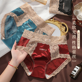 舒适包臀三角裤 千色年华轻奢淑女缎面女士内裤 中腰拼接蕾丝边大码