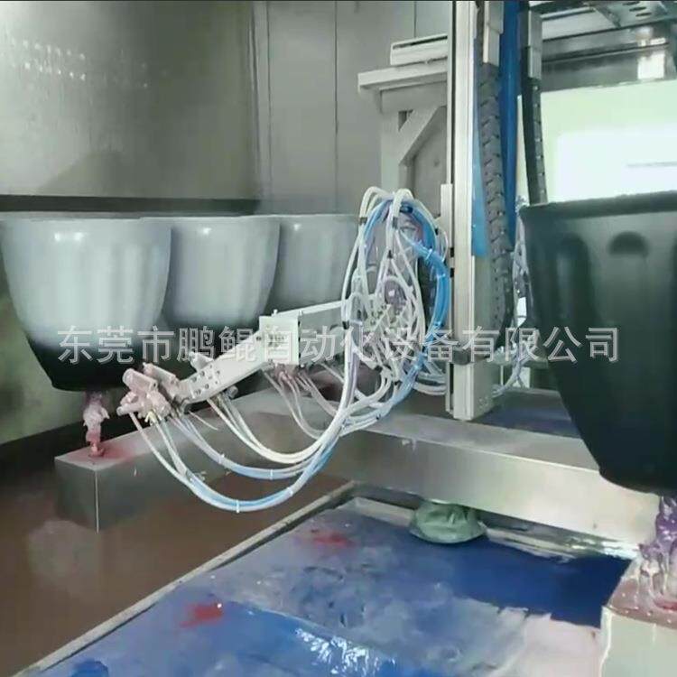 大岭山多色花盆4枪6轴喷漆设备 塑园胶艺盆撒点花湿对湿喷涂设备