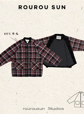 29831冬款女装复古格子百搭撞色慵懒拼接棉衣外套