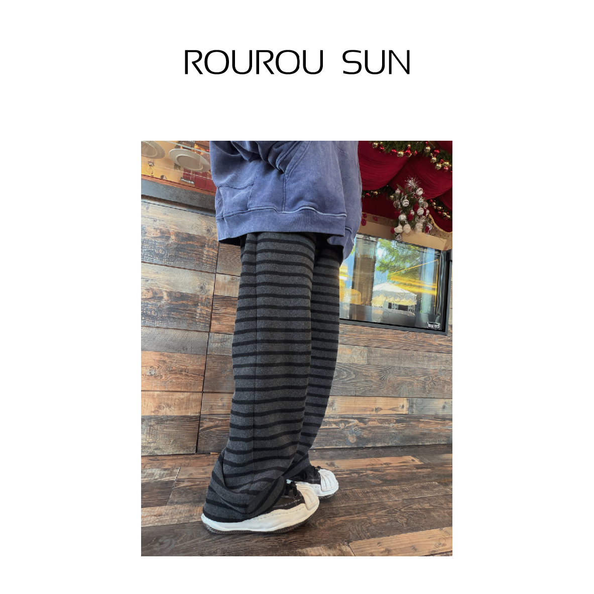 29166冬款女装韩版条纹显瘦直筒慵懒风百搭阔腿长裤