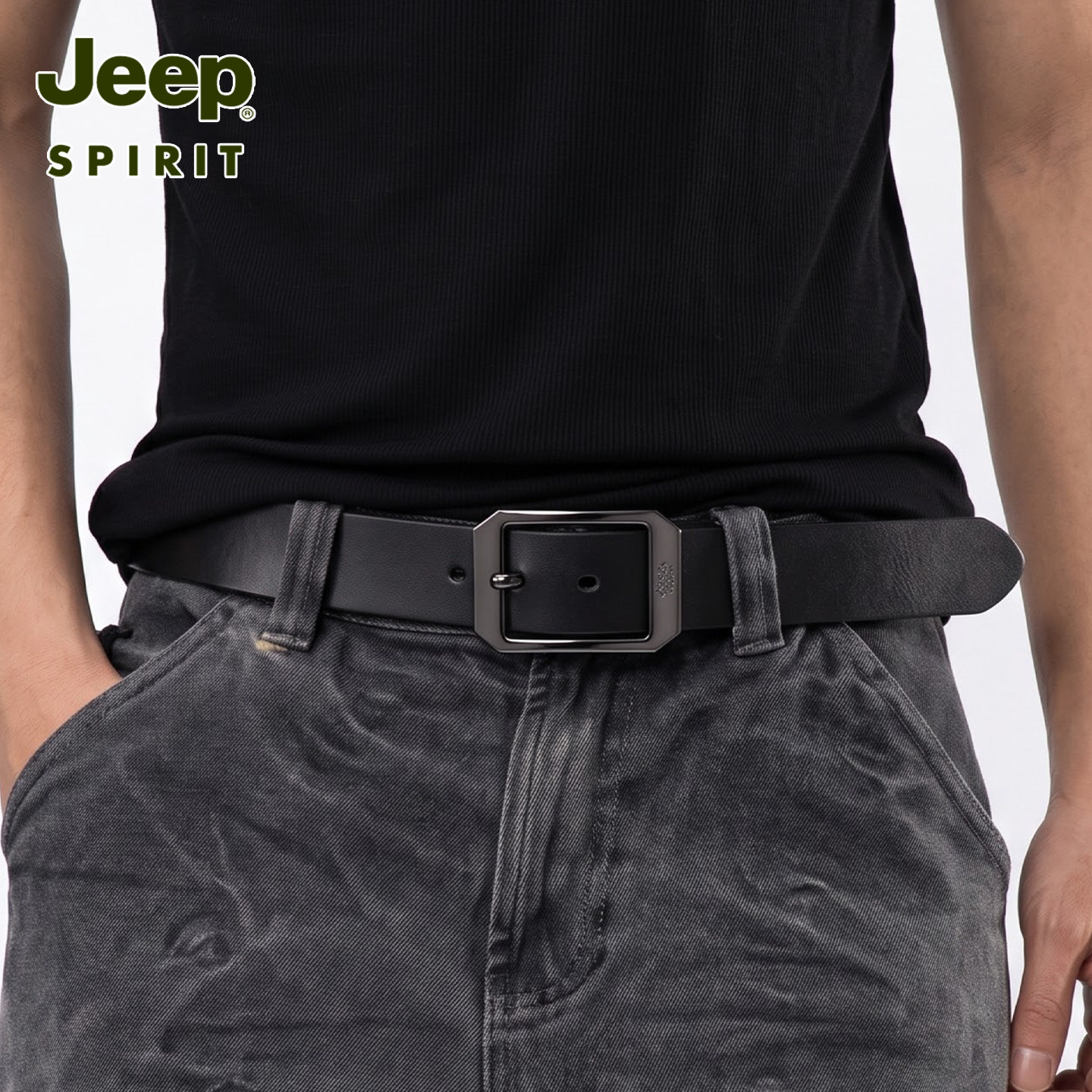 JEEP吉普皮带男款复古工装日常通勤休闲裤带头层牛皮中青年腰带