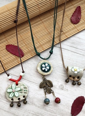 手工复古甜美小清新陶瓷捏花项链森系女长款铃铛流苏吊坠百搭饰品