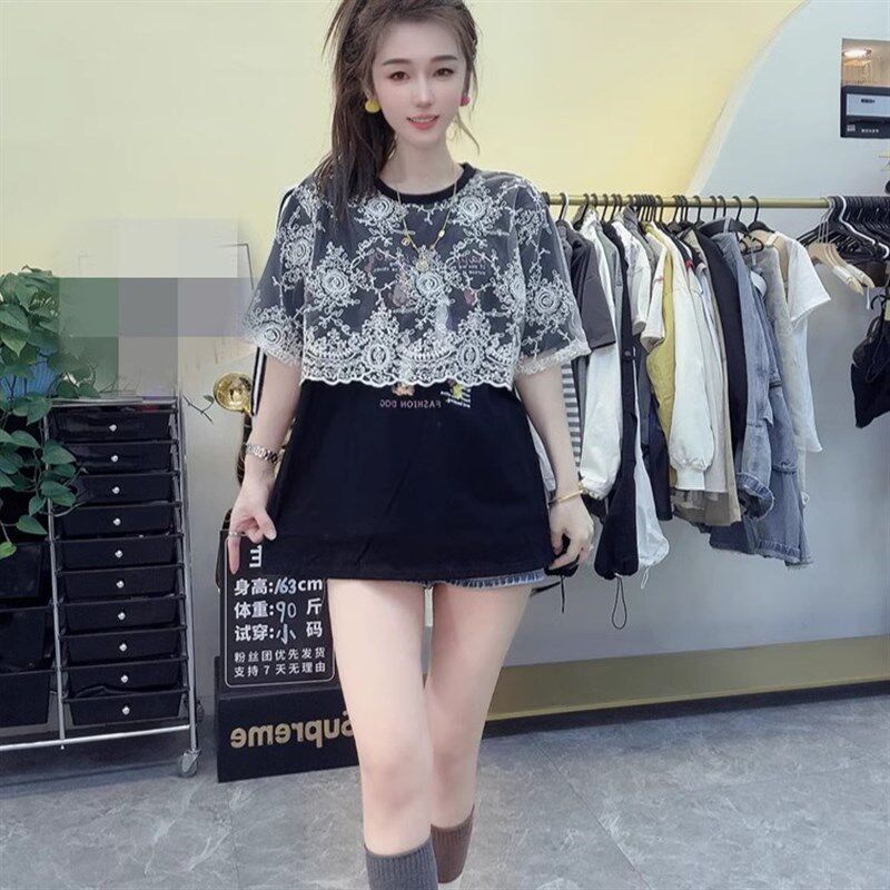 新品假两件法式蕾丝斗篷短袖T恤C打底衫女欧货时尚设计感黑色圆领