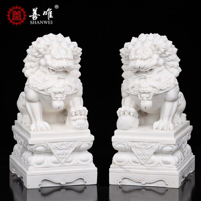 新品天然汉白玉大理石含球精雕y小石狮子一对看门家用墓地石雕摆