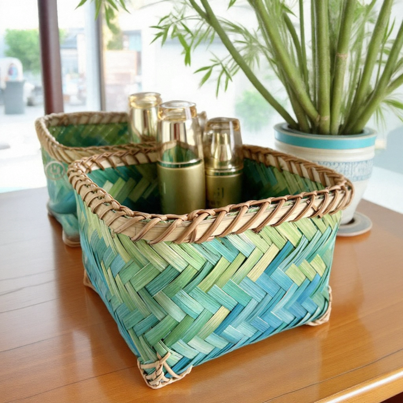 编织竹篮收纳筐正方形储物装饰民族风大小号绿色竹片手工编制杂物,特色手工艺,竹编/竹雕,淘宝优惠券,粉丝福利购,淘宝优惠卷