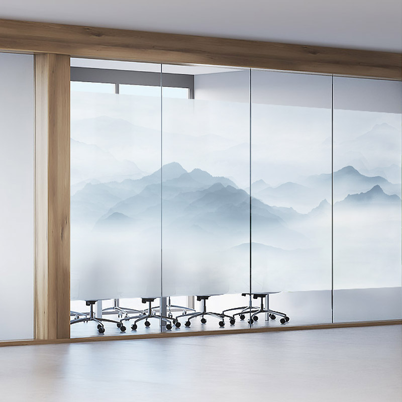 中式山水静电磨砂贴膜办公室橱窗移门玻璃贴纸透光不透明遮光窗纸