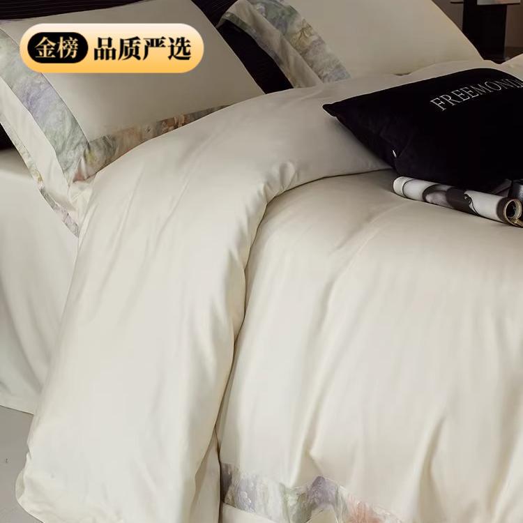 高档天丝棉毛纯色双拼数印花磨纯棉码四用件套加厚被套床单ltao82