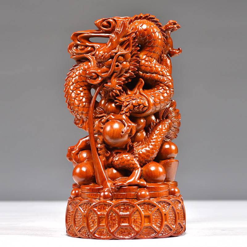 花梨实木雕刻龙摆件十二生肖木头龙客厅电视柜装饰工艺品新居送礼
